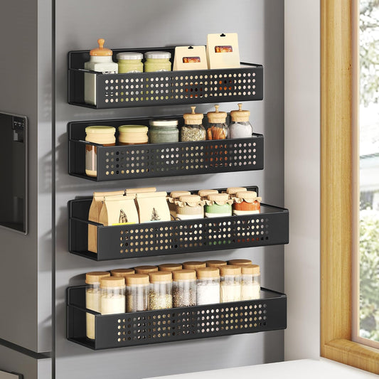 Magnetic Spice Rack for Refrigerator, Set of 4, 2 Large and 2 Small Kichen Magnetic Shelves for Microwave, Washing Machine, Spice Organizers, No Drilling Needed, Ink Black UKCS061B01