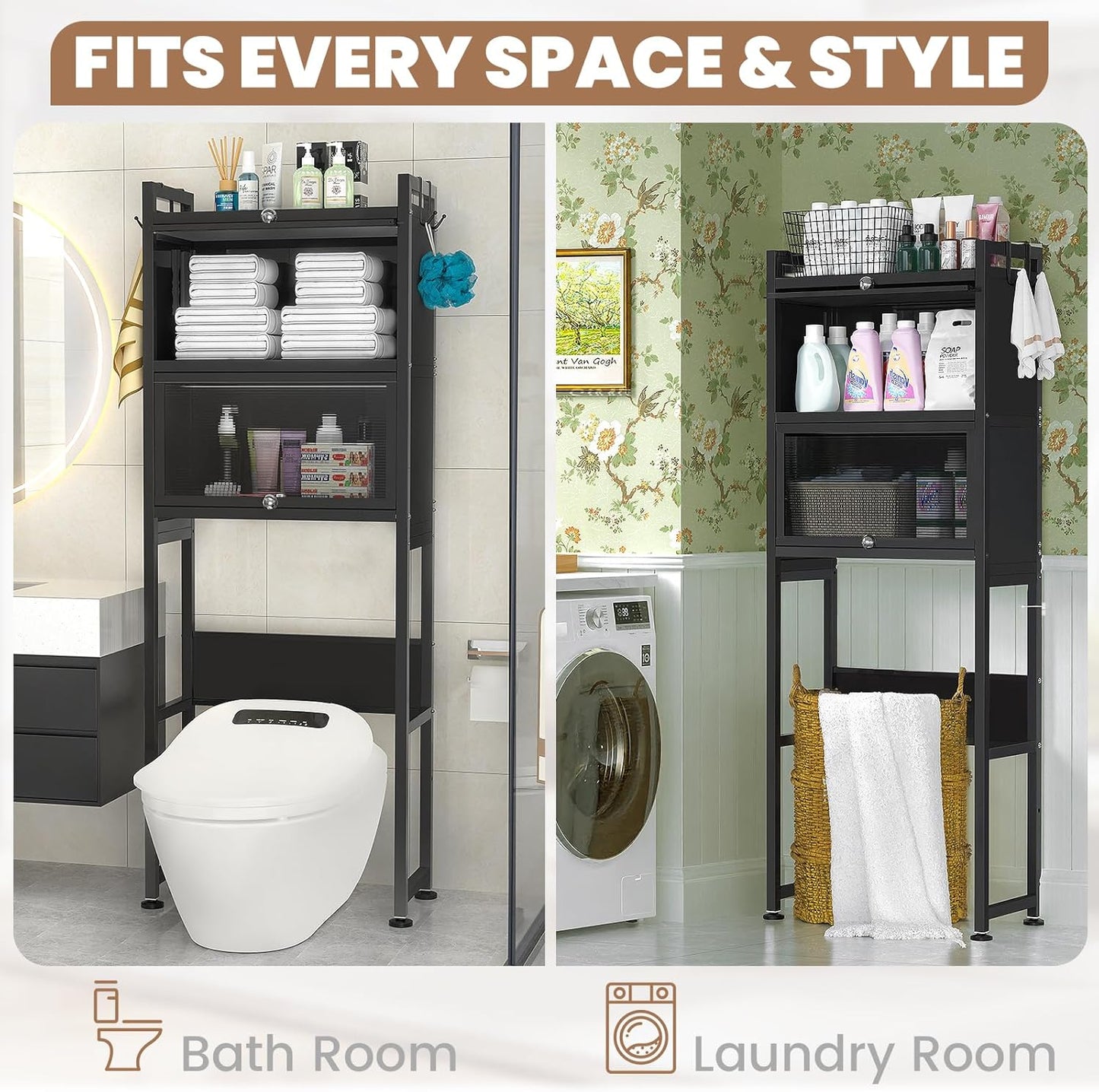 over the Toilet Storage Cabinet,3-Tier,Bathroom Toilet Organizer,Waterproof, Cabinet Door Design,Freestanding Space Saver with 4 Hooks for Bathroom,Black