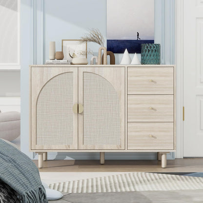 Beige Sideboard Buffet Cabinet, 2-Door and 3-Drawer Rattan Storage Cabinet, Coffee Bar with Adjustable Shelf, Accent Furniture for Living Room, Entryway, Home Office, Oak