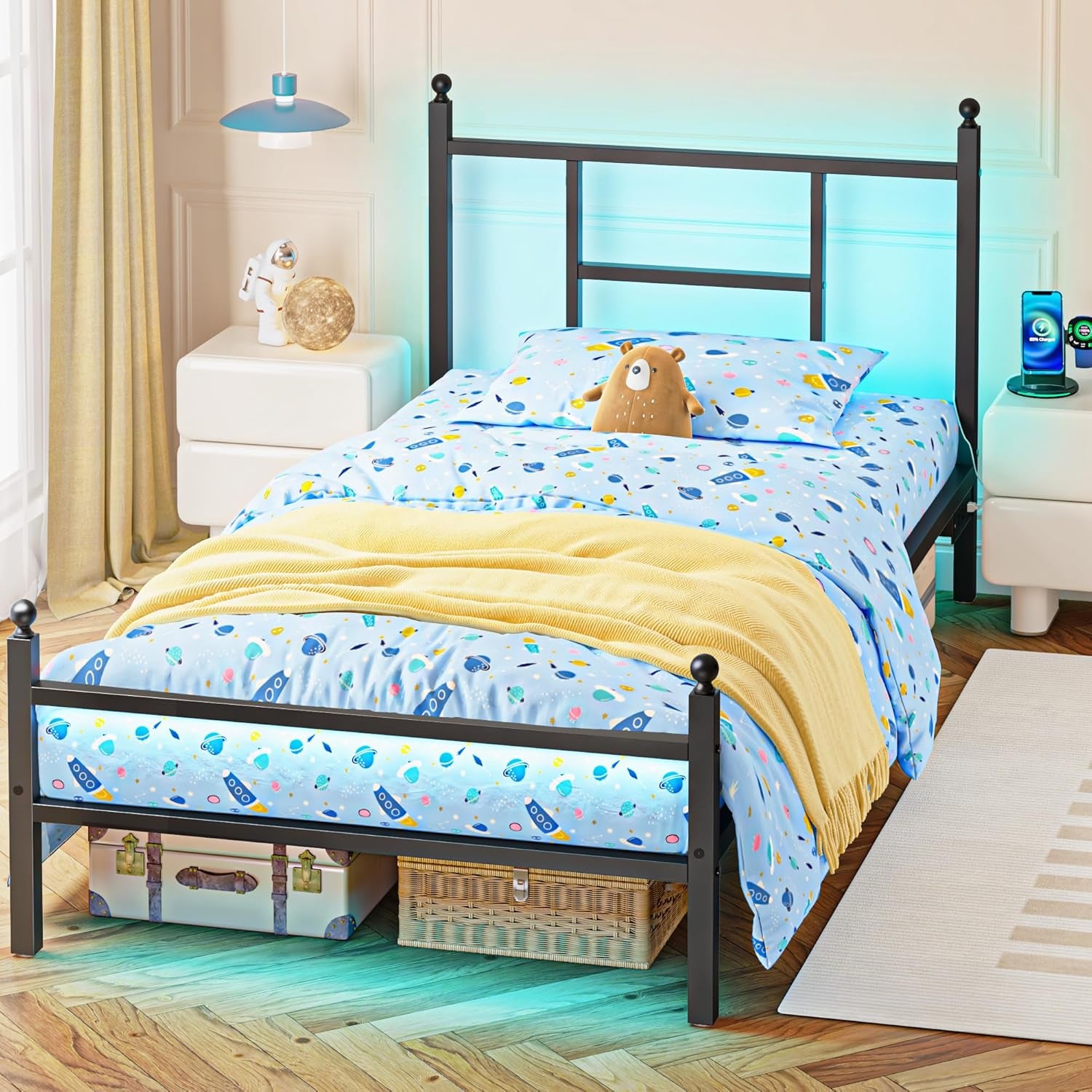 Twin Bed Frame with Charging Station, Metal Bed Frame with Port and Outlet, Black