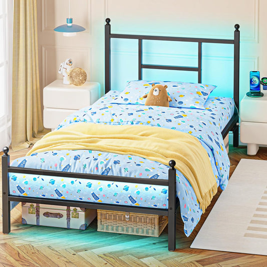 Twin Bed Frame with Charging Station, Metal Bed Frame with Port and Outlet, Black