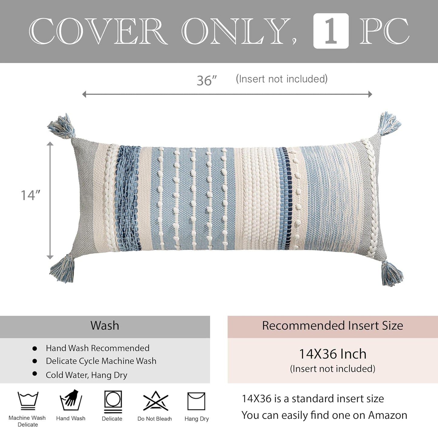 Coastal Blue Decorative Lumbar Pillow Cover 14X36 Boho Long Body Pillow for Bed Farmhouse Lumbar Throw Pillow for Couch Modern Accent Textured Throw Pillowcase