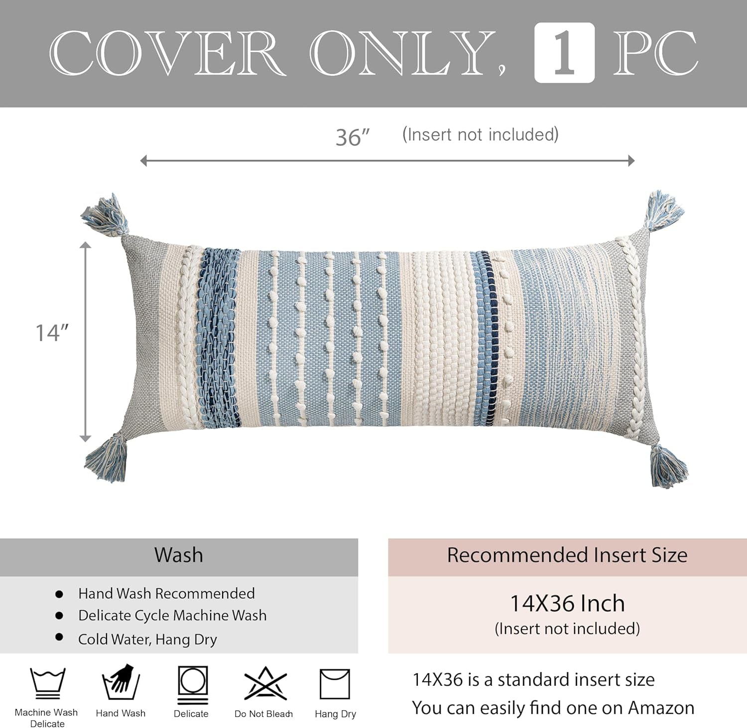Coastal Blue Decorative Lumbar Pillow Cover 14X36 Boho Long Body Pillow for Bed Farmhouse Lumbar Throw Pillow for Couch Modern Accent Textured Throw Pillowcase