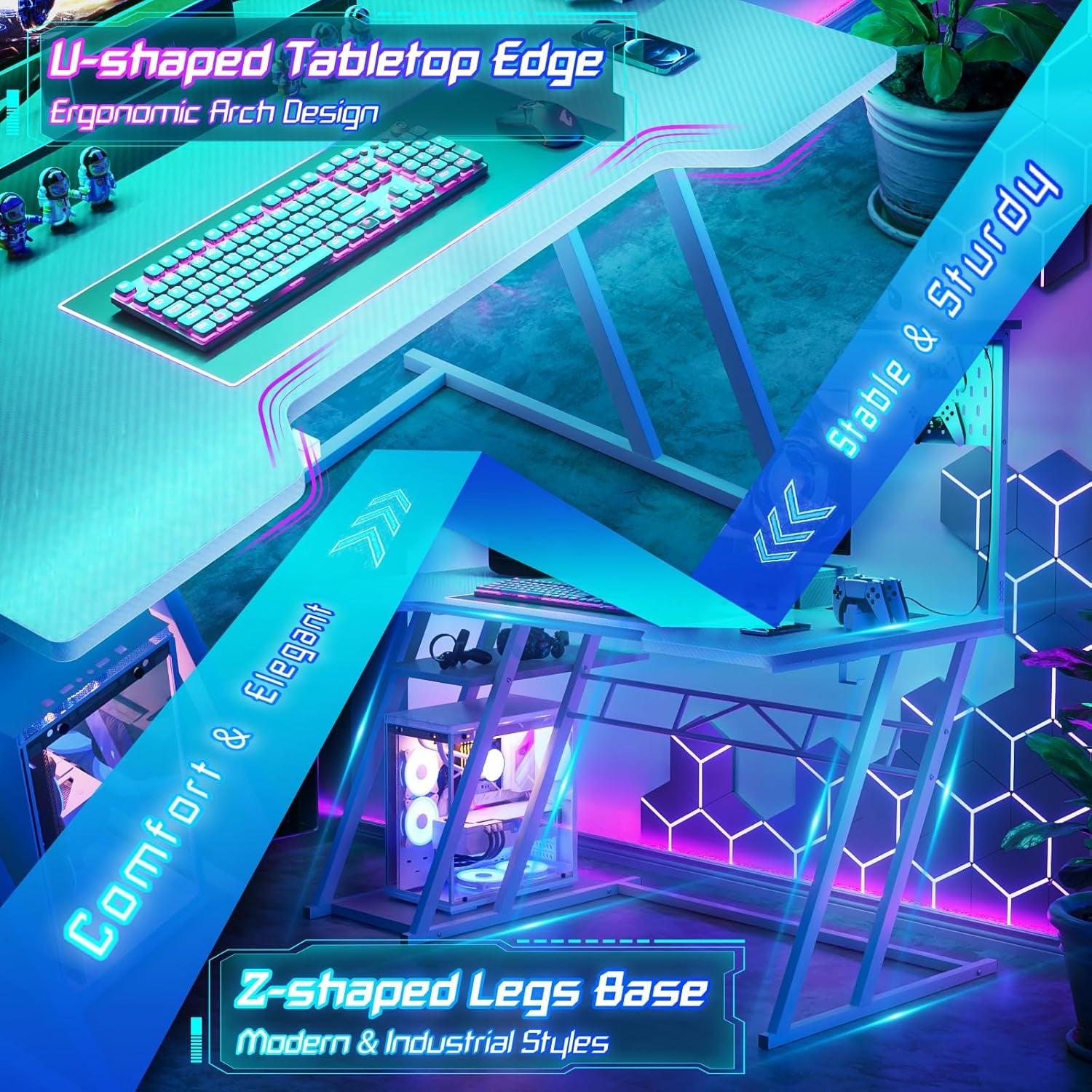 53'' White Gaming Desk with Hutch and LED Lights, Gaming Computer Desk with Storage Shelves & Z-Shaped Legs, Reversible PC Game Desk with Pegboard for Bedroom, Carbon Fiber Surface