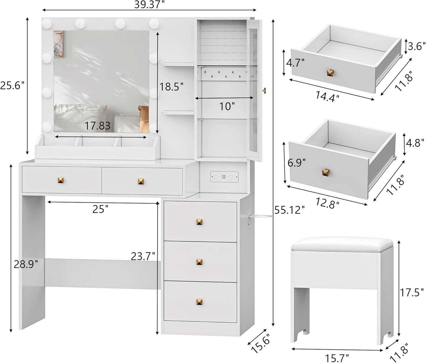Vanity Desk with Mirror and Lights, White Makeup Vanity with 5 Drawers Hidden Jewelry Organizer& LED Glass Cabinet,3 Light Mode and Brightness Adjusted,Vanities Mirror with Lights Desk and Chair