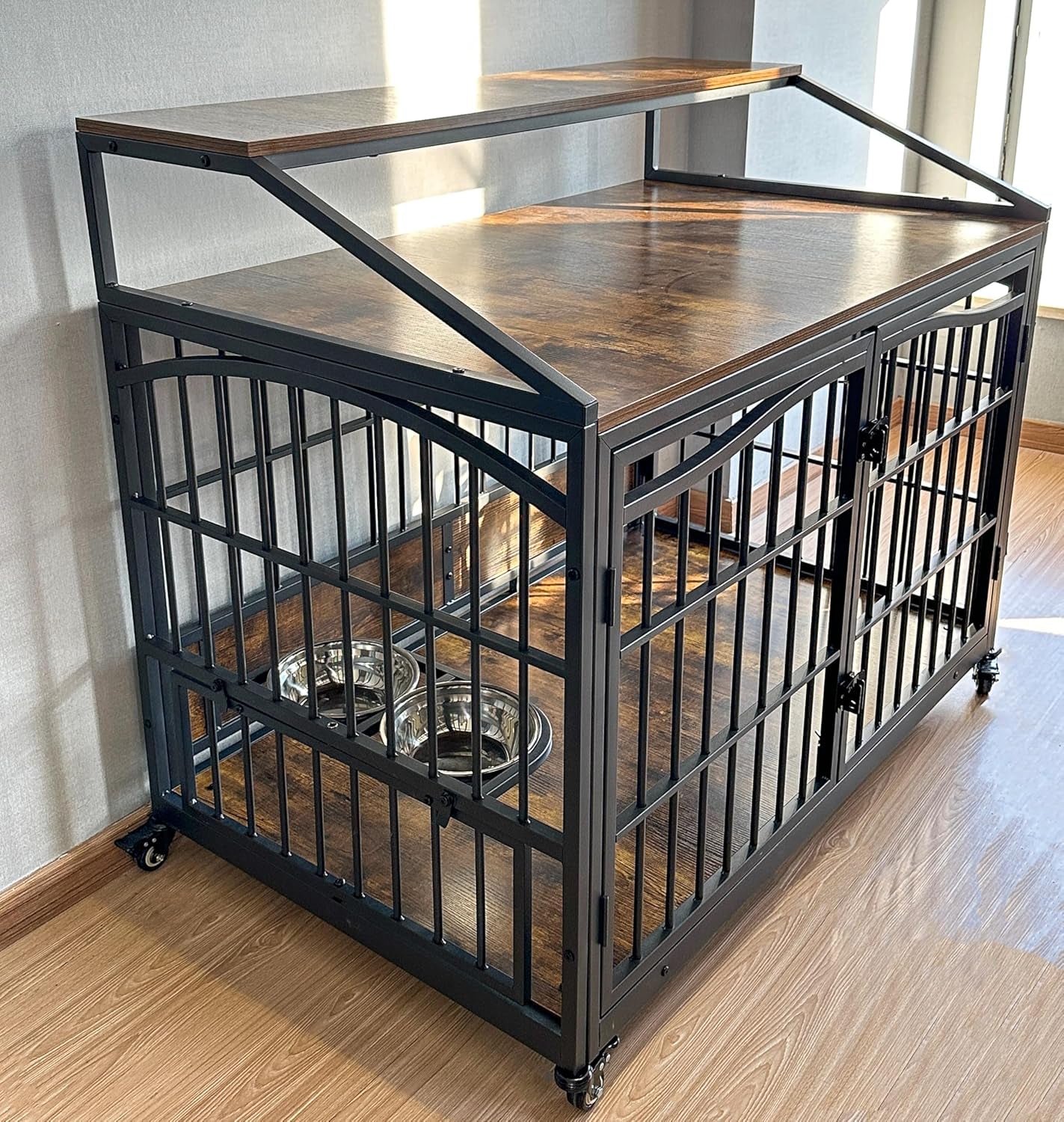 48 Inch Dog Crate Furniture, XXL Kennel Cage Rustic Wooden Pet House End Table Dog Home for Large Dogs with 2 Stainless Steel Bowls Indoor Use 48" L X 30" W X 40" H