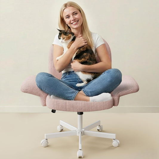 Criss Cross Office Chair for Women, Cross Legged Desk Chair with Adjustable Armrests, Soft Corduroy Fabric for Small Spaces, Petite Home Office Computer Chair for Girls, Pink