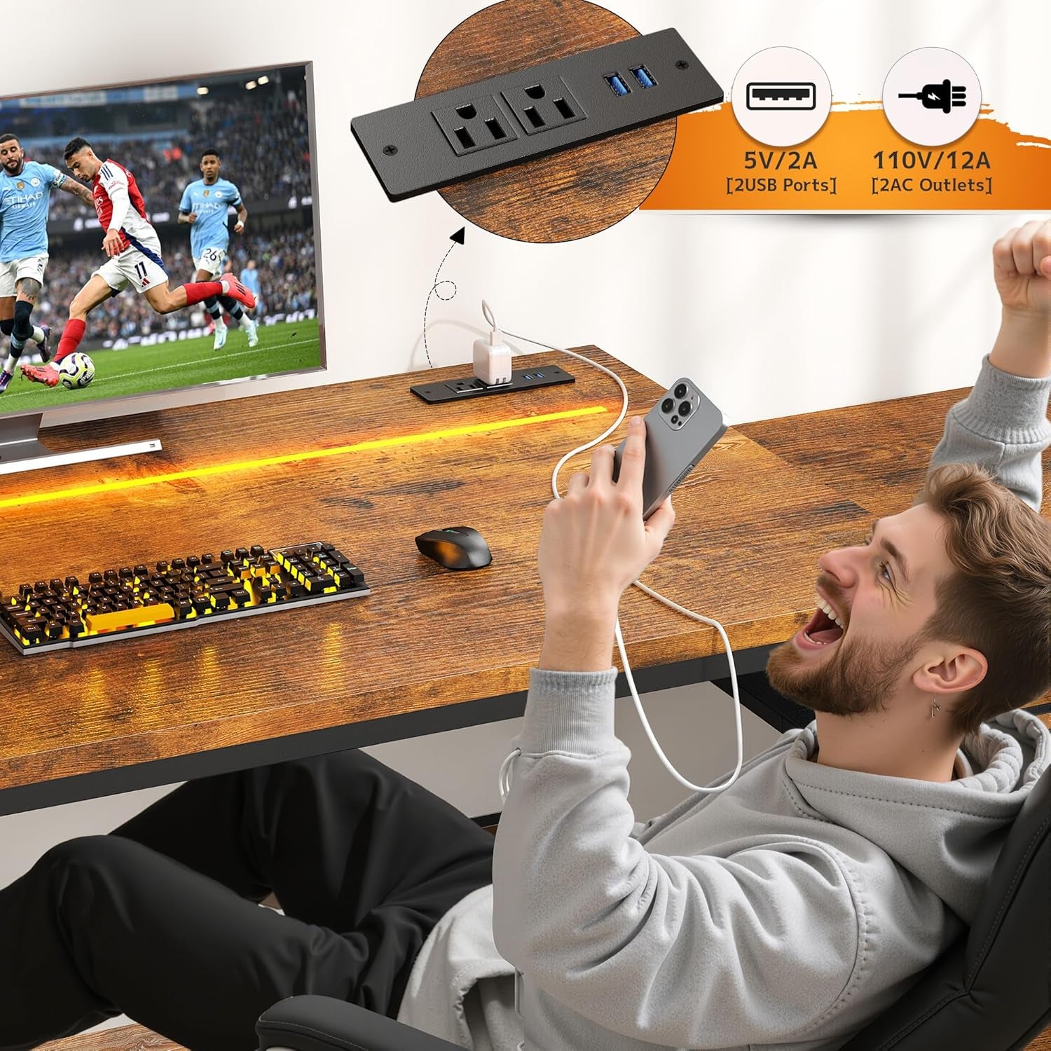 48.1 Computer Desk with Drawers & Printer Shelf,Gaming Desk with LED Lights & Power Outlet,Office Desk with Headphone Hook,Reversible Corner Work Desk for Small Space,Carbon