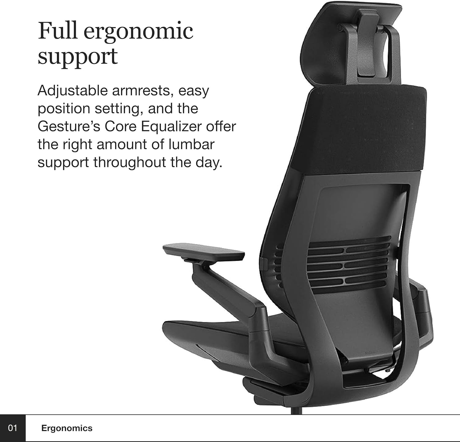 Gesture Office Chair with Head Rest - Ergonomic Work Chair with Wheels for Hard Flooring - Comfortable Office Chair - Intuitive-To-Adjust Chairs for Desk - 360-Degree Arms - Licorice Fabric