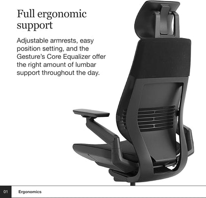 Gesture Office Chair with Head Rest - Ergonomic Work Chair with Wheels for Hard Flooring - Comfortable Office Chair - Intuitive-To-Adjust Chairs for Desk - 360-Degree Arms - Licorice Fabric