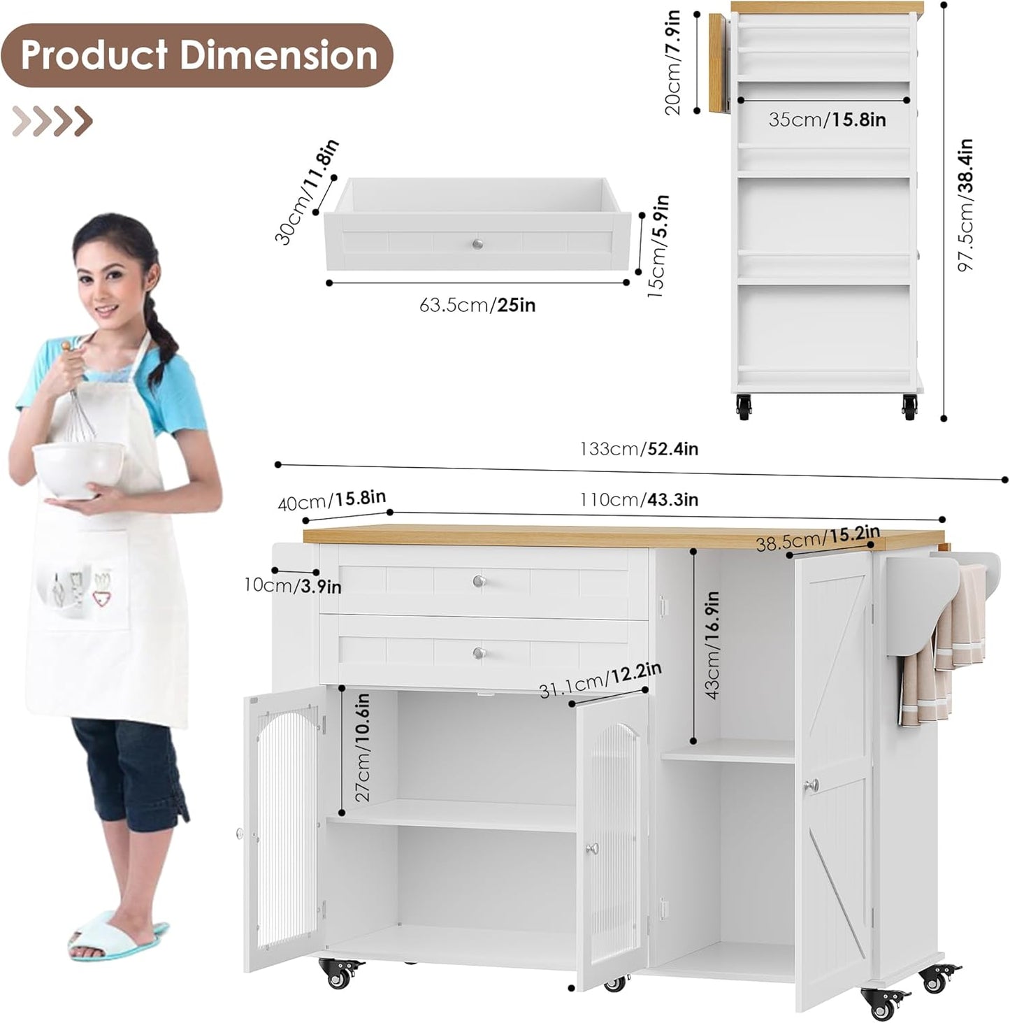 Kitchen Island with Storage, Rolling Kitchen Island on Wheels with Wood Drop Leaf Countertop, Island Table Bar Cart with Spice Towel Rack Portable Kitchen Table Kitchen Carts on Wheels