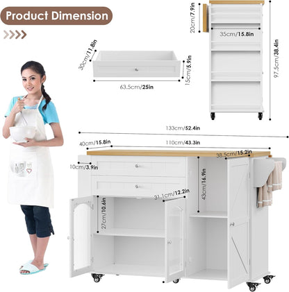 Kitchen Island with Storage, Rolling Kitchen Island on Wheels with Wood Drop Leaf Countertop, Island Table Bar Cart with Spice Towel Rack Portable Kitchen Table Kitchen Carts on Wheels