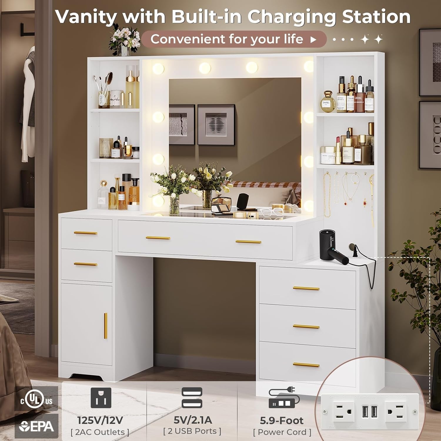 48.8'' Large Vanity Desk with Lighted Mirror & Power Outlet, White Makeup Vanity Table with 6 Drawers, 4 Shelves and 1 Storage Cabinet, Glass Tabletop Bedroom Dressing Table, 3 Lighting Modes