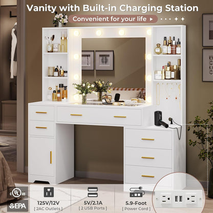 48.8'' Large Vanity Desk with Lighted Mirror & Power Outlet, White Makeup Vanity Table with 6 Drawers, 4 Shelves and 1 Storage Cabinet, Glass Tabletop Bedroom Dressing Table, 3 Lighting Modes