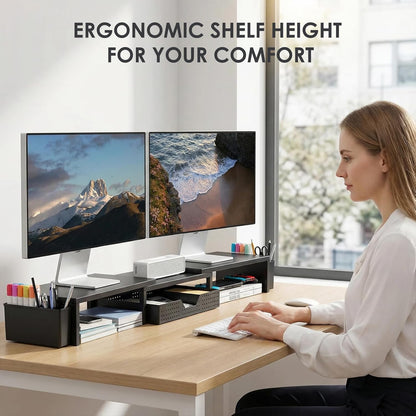 Desk Organizers and Accessories, Dual Monitor Stand Riser with Drawer and 2 Pen Holders, Desk Shelf Metal Computer Racks for Office Workspace Organizers, Desktop Organization (Black)