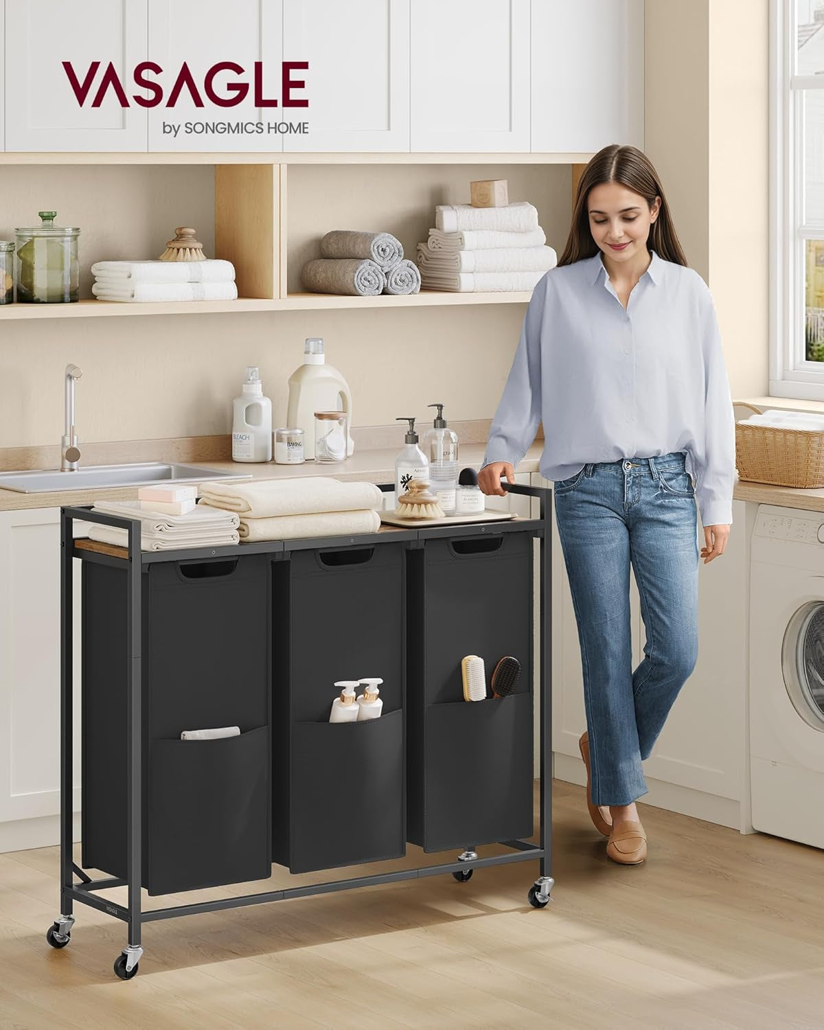 Laundry Sorter, 29 Gal. (110 L) Laundry Hamper Basket with 2 Compartments, Rolling Cart with Wheels, Shelf, Removable Bags, Pockets, Slate Gray and Charcoal Gray UBLH021G01