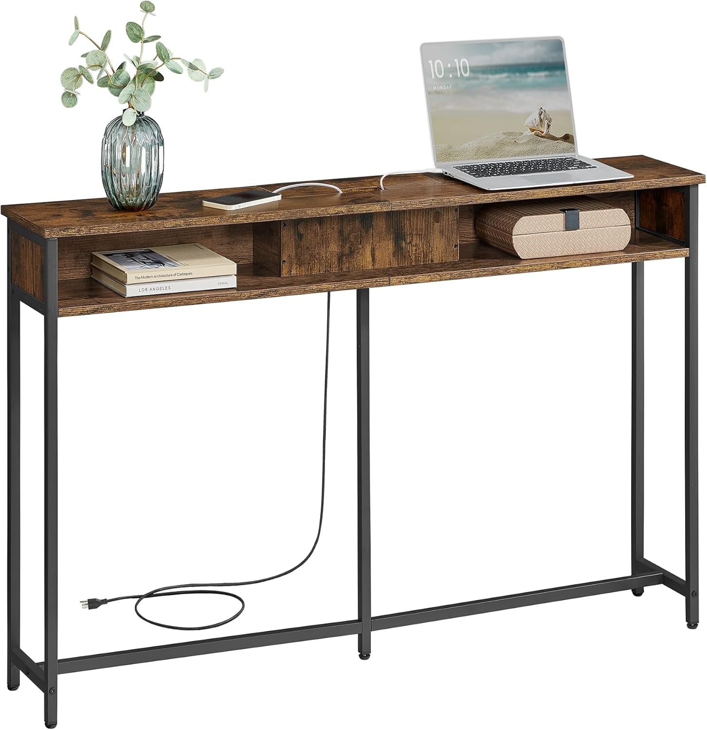 55.1-Inch Console Table with Outlet and Shelves, Sofa Table with Charging Station, behind Couch Table Skinny, Entryway Table for Hallway, Living Room, Rustic Brown and Ink Black ULNT120K01