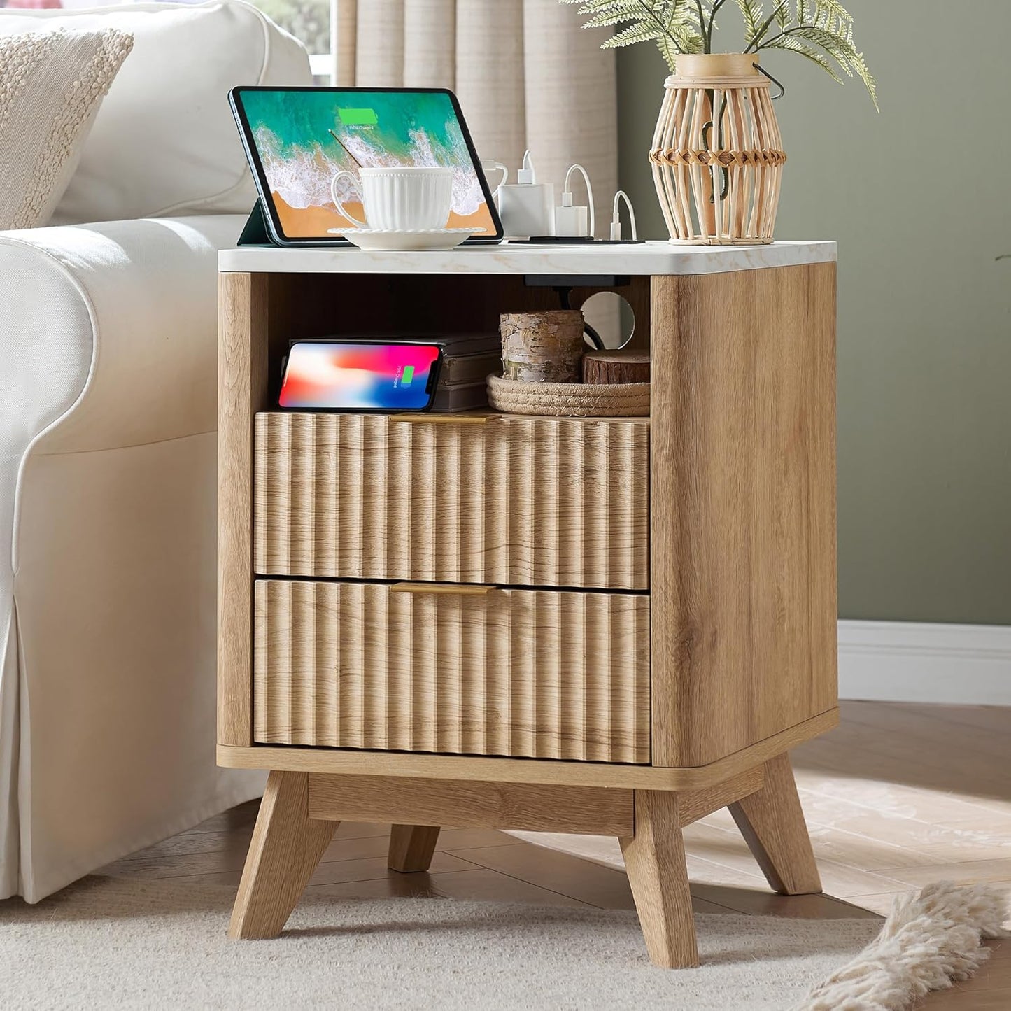 Fluted Nightstand Set of 2 with Charging Station, 18" Modern Side Table with Faux Marble Top, 2 Drawer End Table W/Storage, Bedsidetable for Bedroom, Living Room, Curved Profile, Natural Oak