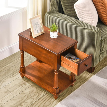 Solid Wood Narrow End Table with Drawer, Vintage Rectangle Sofa Side Table with Storage Shelf Mid-Century Apartment Slim Bedside Table for Small Spaces,13 * 22 * 22.3In