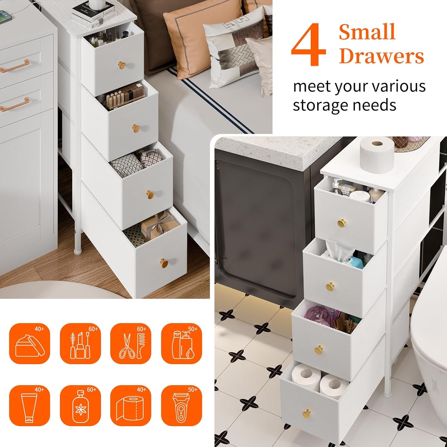 Narrow Storage Cabinet, Narrow Nightstand Dresser with 4 Drawers, Slim Fabric Dresser Storage Tower for Small Spaces, White Dresser, for Bedroom, Bathroom, Laundry, Closet