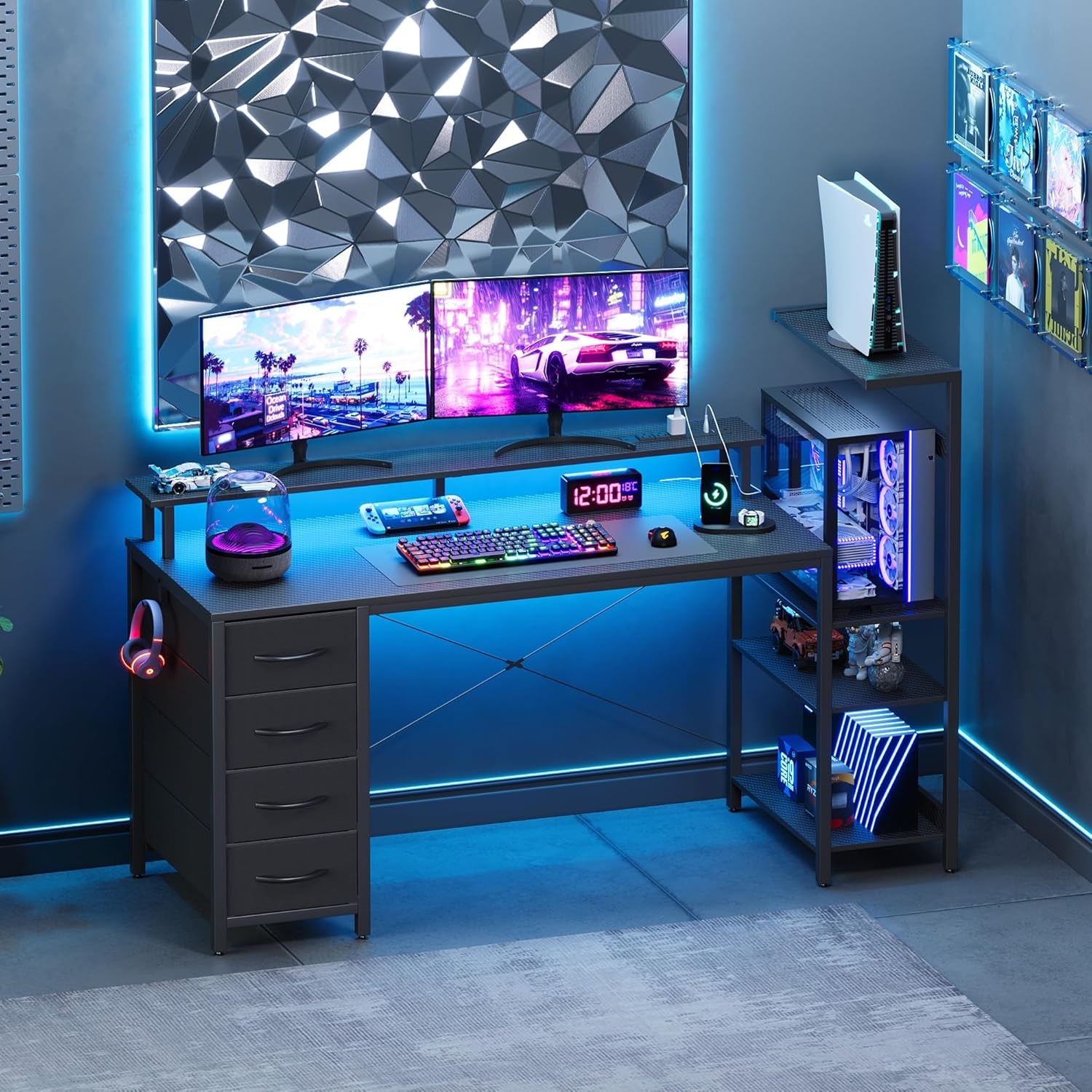 59 Inch Gaming Desk with LED Lights and Power Outlets, Computer Desk with Storage Shelves, Fabric Drawers, Monitor Stand & Side Hook, Reversible Gamer Table for Home Office, Carbon Fiber Black