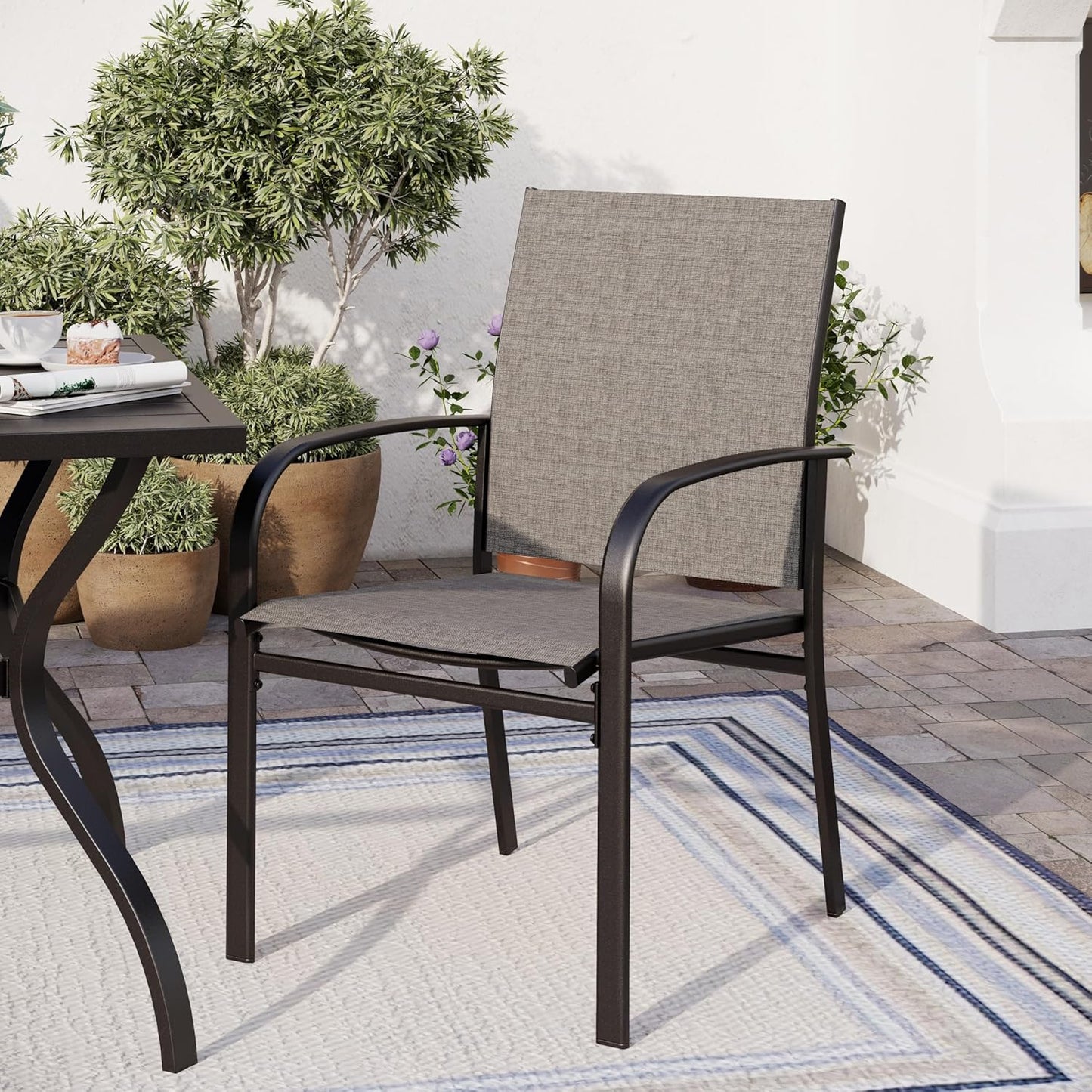 5 Piece Patio Dining Set for 4, 37”X37” Square Table with Umbrella Hole, 4 Metal Brown Chairs, Outdoor Table and Chairs Set for Lawn Backyard and Deck