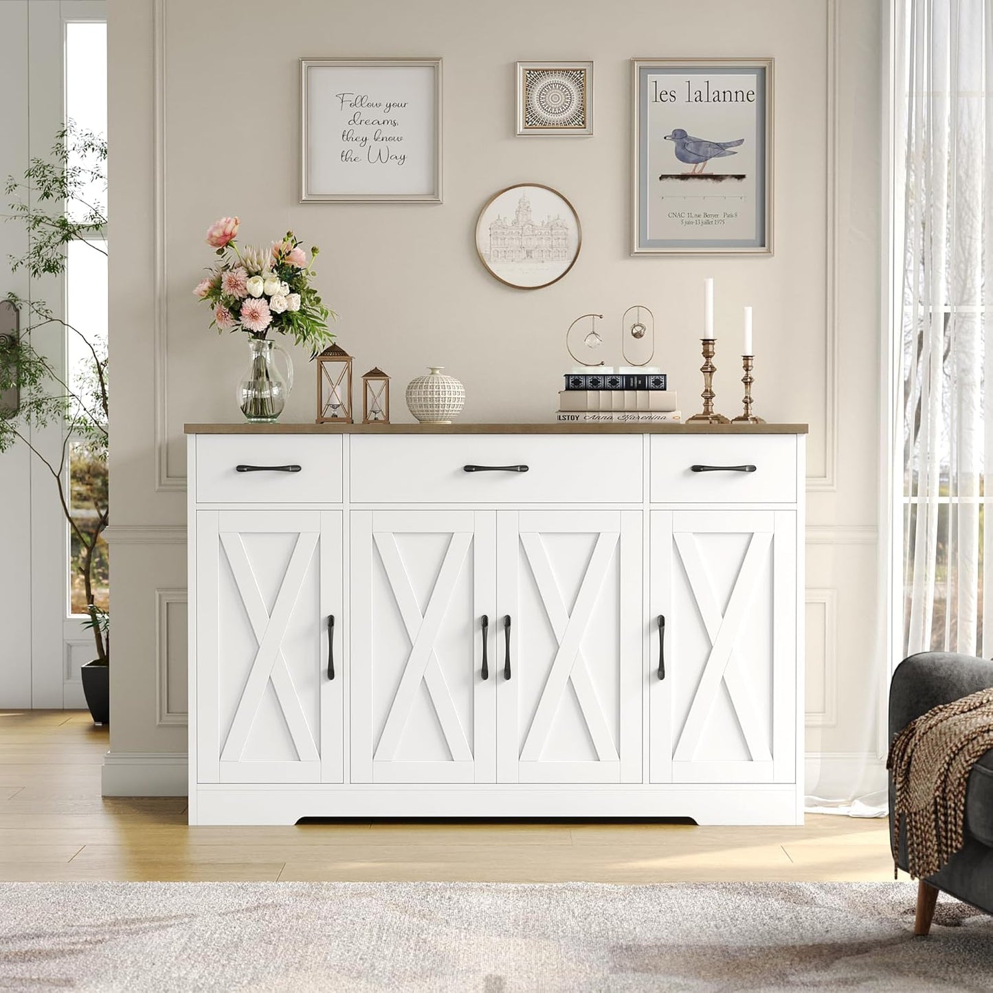 Buffet Cabinet with Drawers, 55" Large Sideboard Buffet Storage Cabinet with Shelves and Doors, Modern Farmhouse Coffee Bar Station Wood Kitchen Table for Kitchen, Dining Room, White/Rustic