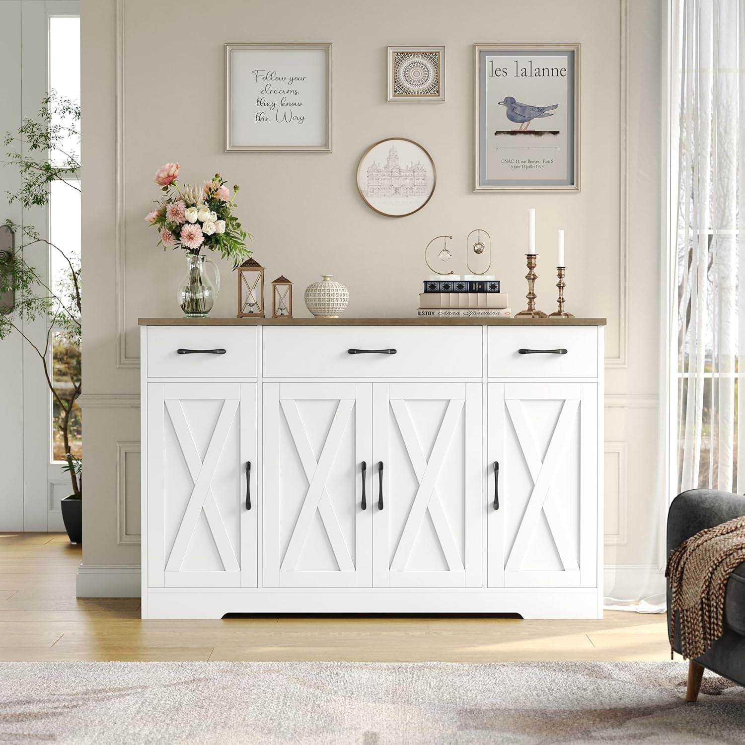 Buffet Cabinet with Drawers, 55" Large Sideboard Buffet Storage Cabinet with Shelves and Doors, Modern Farmhouse Coffee Bar Station Wood Kitchen Table for Kitchen, Dining Room, White/Rustic