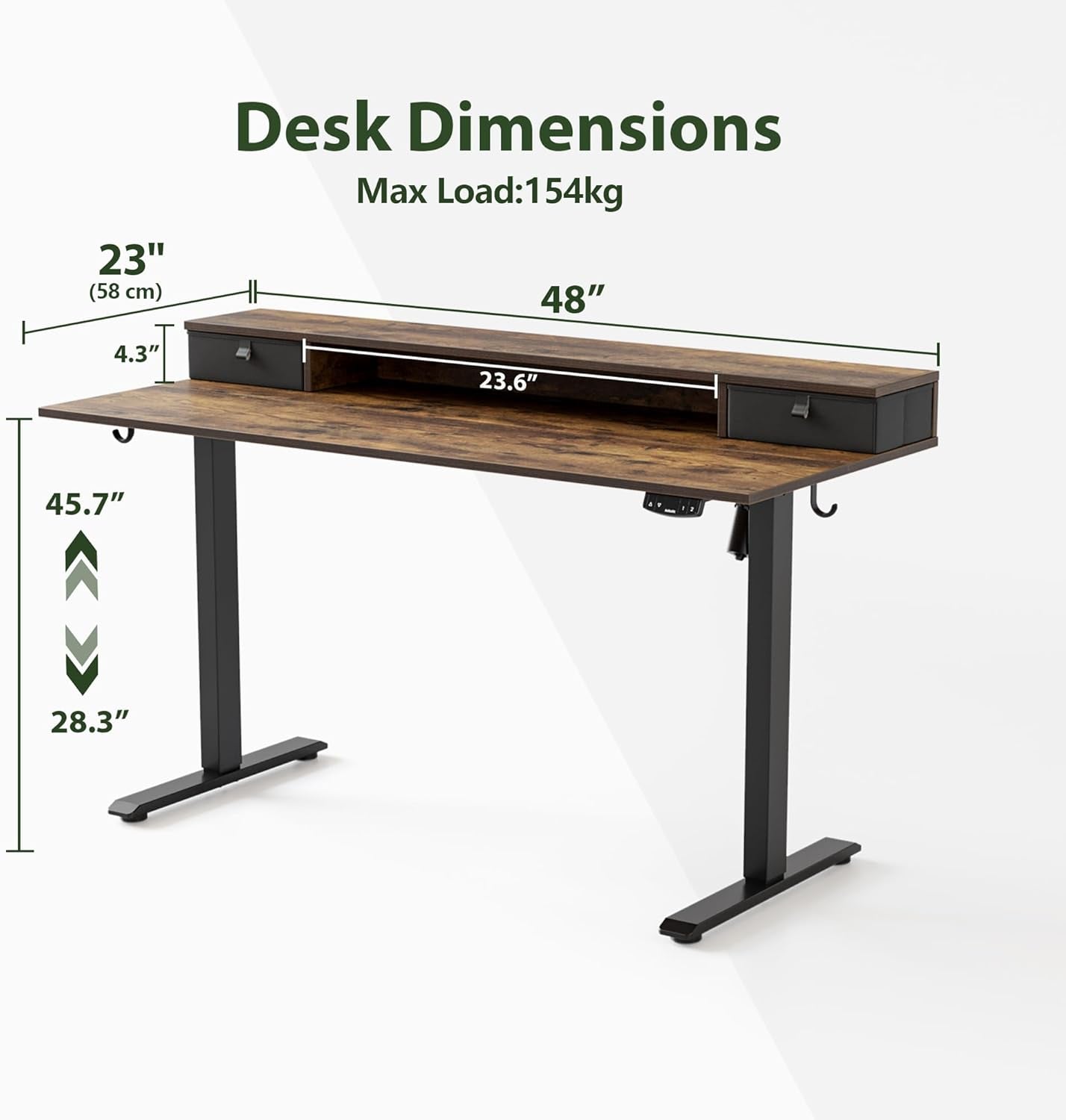 48 X 24 Inches Electric Standing Desk with 2 Storage Drawers, Adjustable Height Sit and Stand Computer Table with Splice Board, Rustic Brown