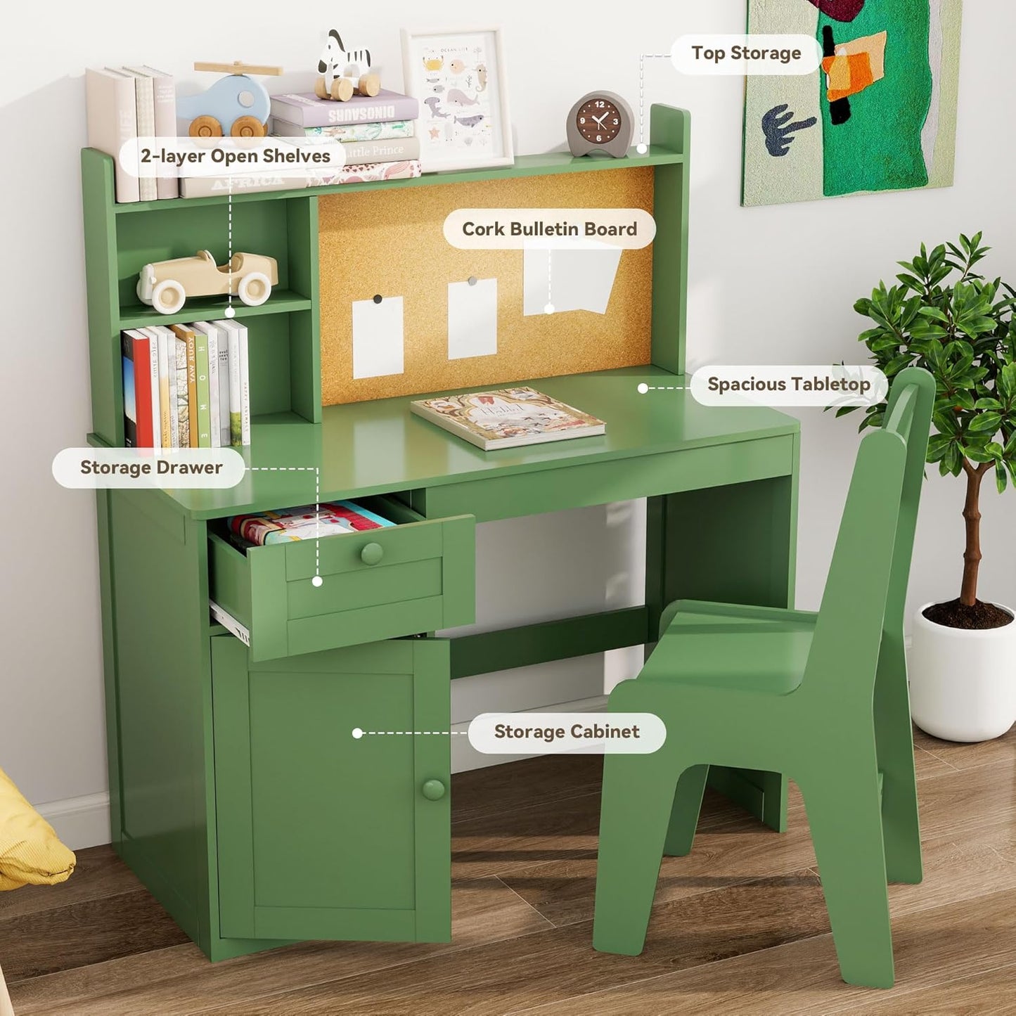 Kids Study Desk with Chair, Children Wooden Study Table with Hutch & Storage Cabinet, Kids Desk Chair Set for 5-12 Years Old, Student Writing Table Computer Workstation for Boys, Green