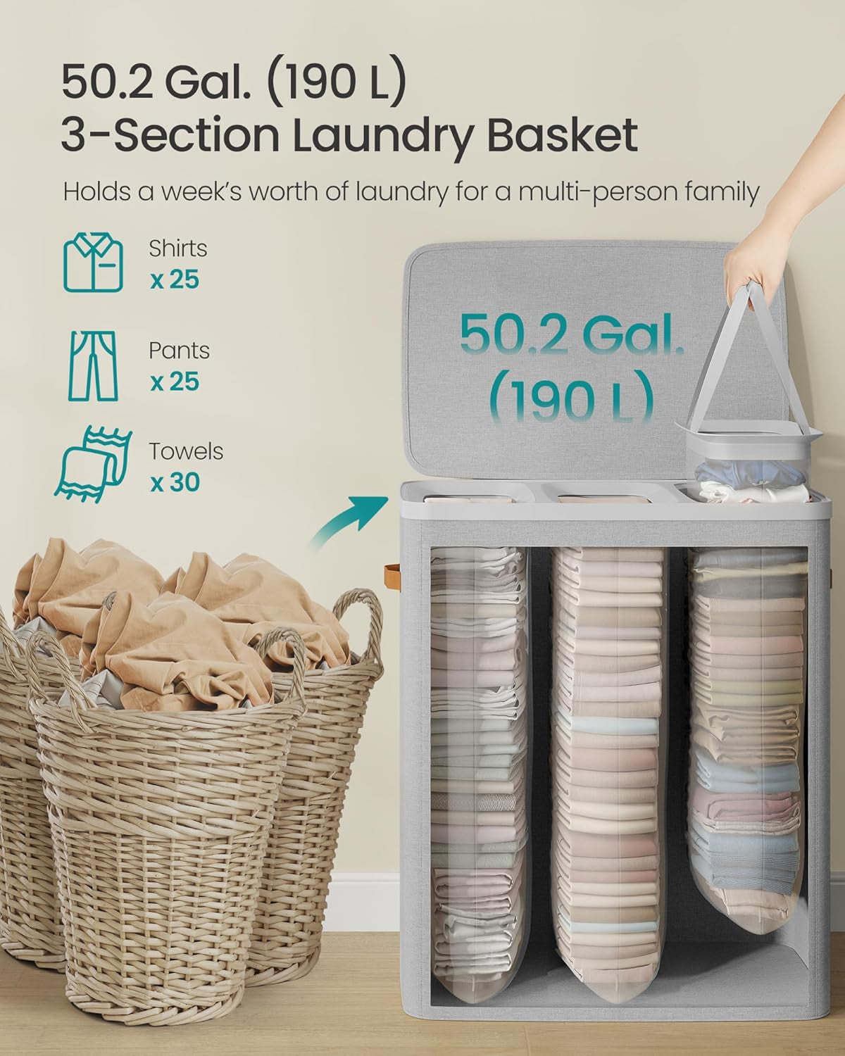 Laundry Basket, 50.2 Gal. Laundry Hamper, 3 Compartments, Easy Assembly, with Lid and Handles, Removable Liners, 25.2 X 15.7 X 29.5 Inches, Dove Gray ULCB814GD01