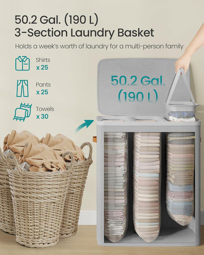 Laundry Basket, 50.2 Gal. Laundry Hamper, 3 Compartments, Easy Assembly, with Lid and Handles, Removable Liners, 25.2 X 15.7 X 29.5 Inches, Dove Gray ULCB814GD01