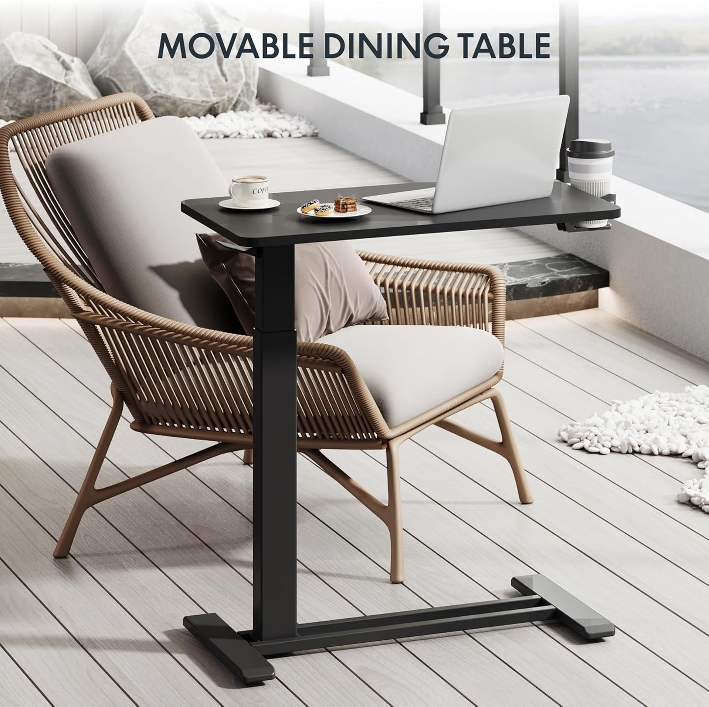 H7 Adjustable Overbed Bedside Table with Wheels Pneumatic Mobile Standing Desk Laptop Desk Rolling Computer Cart Movable Overbed Tables Hospital Home Use(27.6" W X 15.7" D, Black Table)
