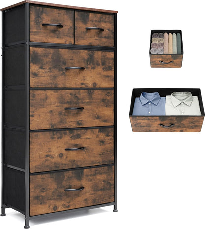 Fabric Dresser for Bedroom, Tall Skinny Dresser with 6 Drawers, Storage Organizer Tower, Steel Frame Wooden Top for Closet, Living Room, Hallway(Rustic Brown)