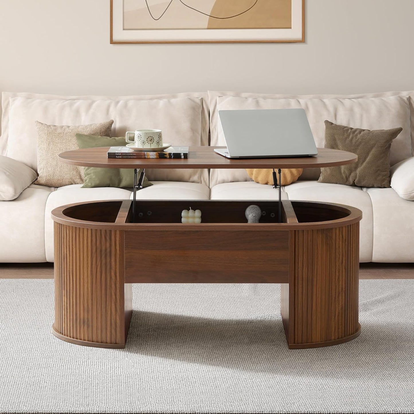 Fluted Coffee Table with Lifting Top, Oval Wood Lift Top Coffee Table with Hidden Compartment, Mid Century Pull up Center Tables for Living Room, Office - Walnut