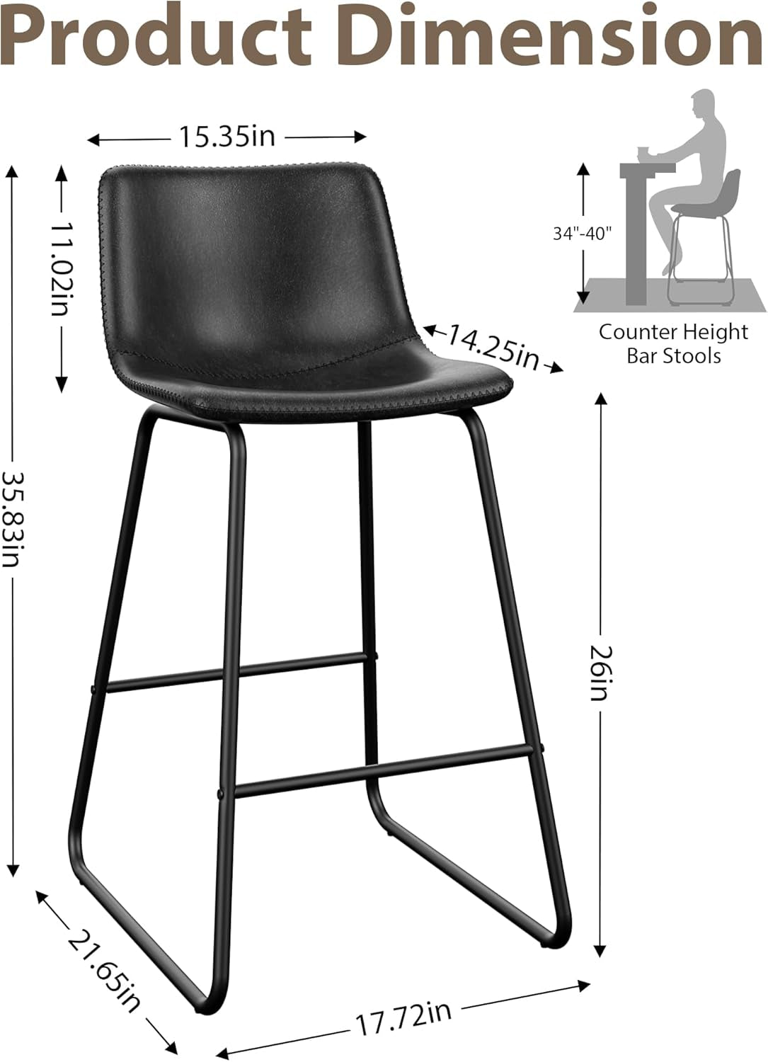Bar Stools Set of 3, 26 Inches Counter Height Bar Stools with Back, Modern Faux Leather Barstools with Metal Legs and Footrest, Bar Chairs for Kitchens Island (Black)