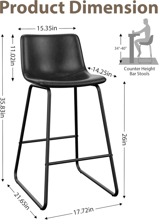 Bar Stools Set of 3, 26 Inches Counter Height Bar Stools with Back, Modern Faux Leather Barstools with Metal Legs and Footrest, Bar Chairs for Kitchens Island (Black)