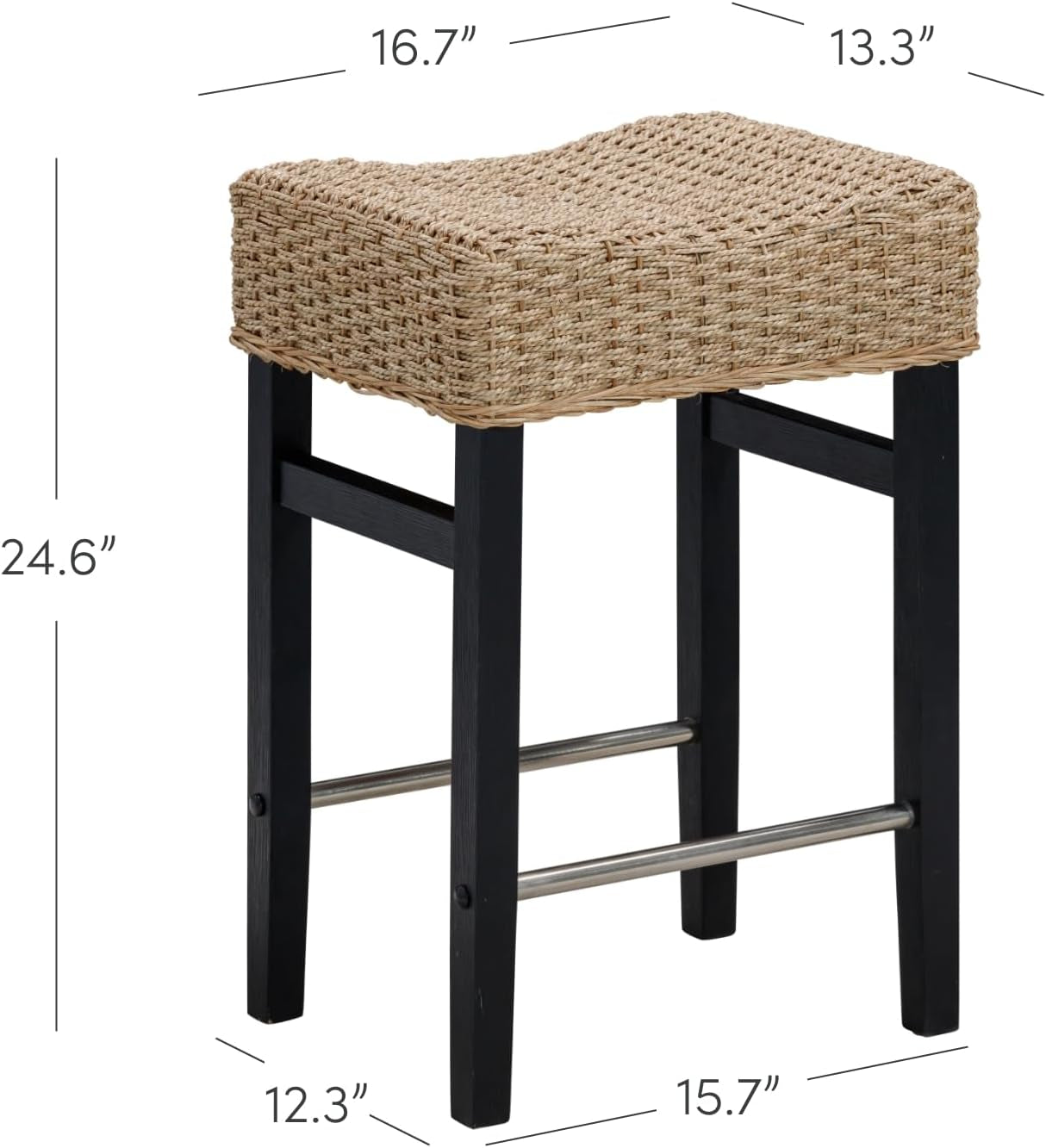 Harvey Rattan Bar Stool, Bohemian Counter Height Stool with Woven Seagrass Seat, Solid Wood Legs, and Metal Footrest Seagrass/Brushed Black