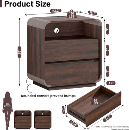 Modern Walnut Nightstand, 25" Tall Wooden Bedside Table with Charging Station, 2 Storage Drawers Side Table Curved Profile, Handleless, Large End Table Night Stand for Bedroom, Office