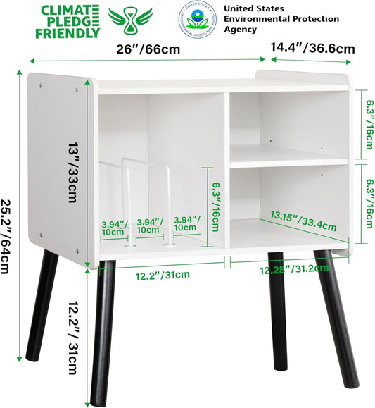 Record Player Stand, Mid-Century Record Player Table with Storage Hold up to 150 Albums , Vinyl Record Cabinet with Adjustable Shelves , Wood Turntable Stand for Living Room Bedroom (White)
