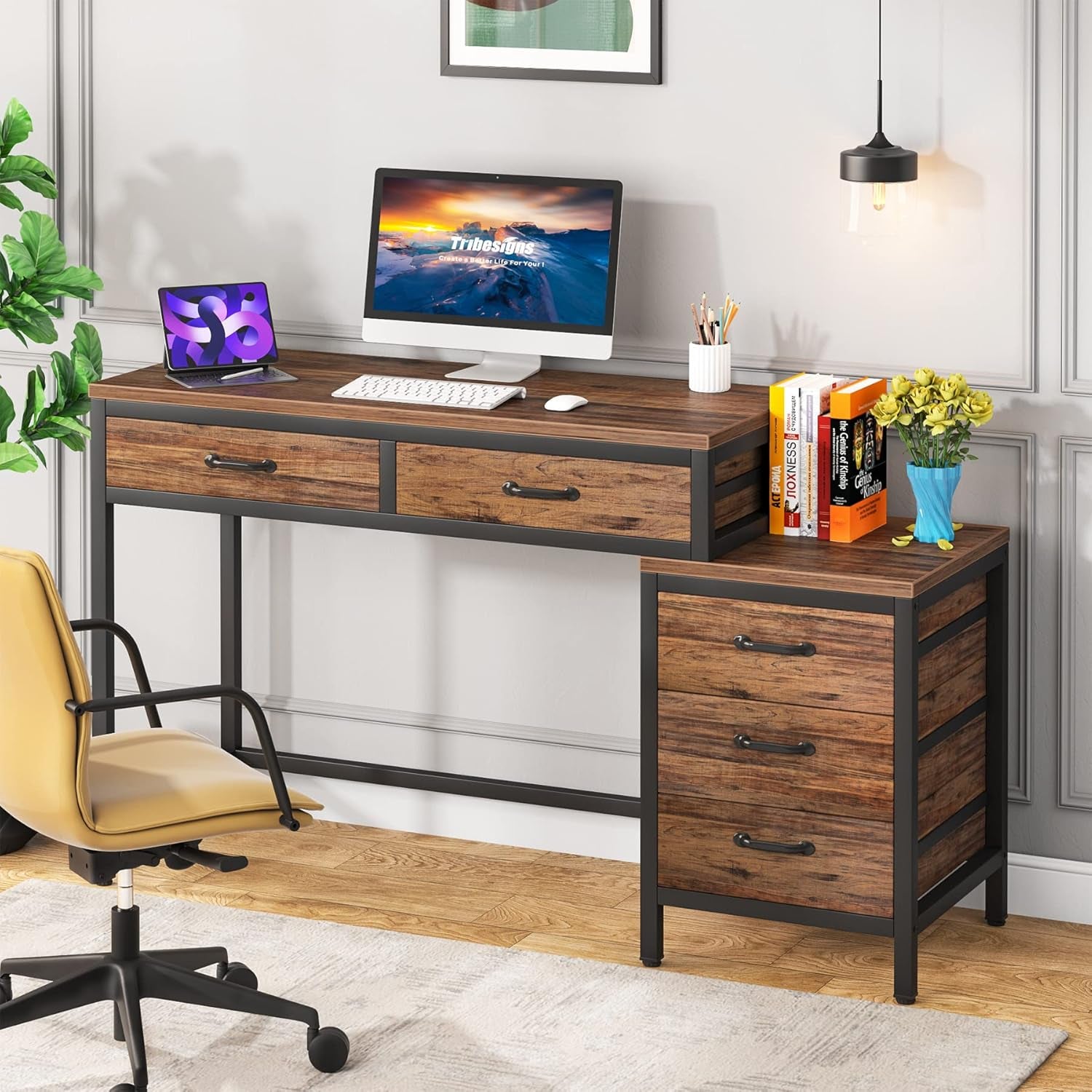 Computer Desk with 5 Drawers, Home Office Desks with Reversible Drawer Cabinet Printer Stand, Industrial PC Desk with Storage, White Study Writing Table Workstation for Small Spaces