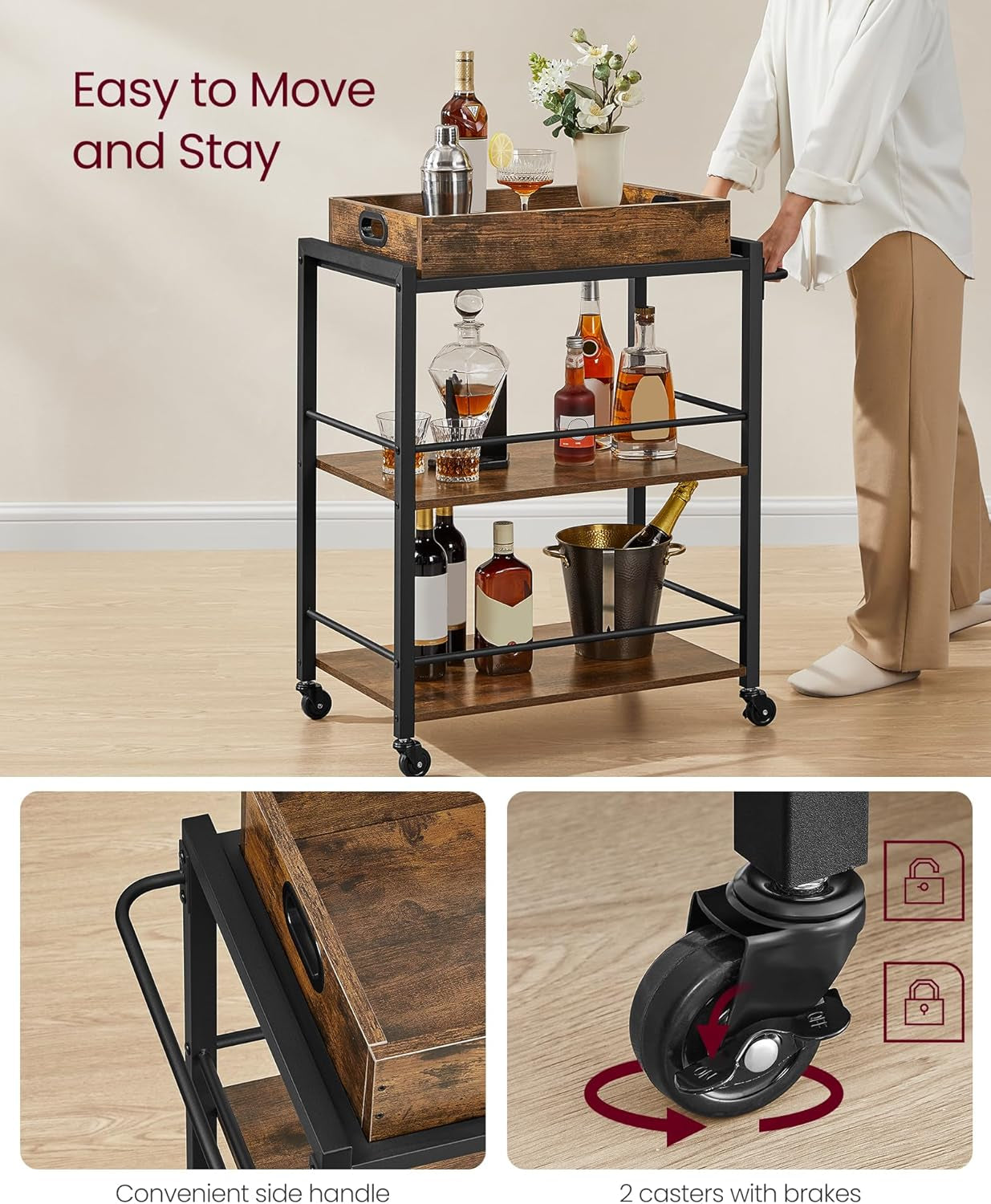 Kitchen Serving Cart with Removable Tray, 3-Tier Kitchen Utility Cart on Wheels with Storage, with Brakes, Leveling Feet, 15.7 X 28.3 X 33.9 Inches, Rustic Brown and Black ULRC72X