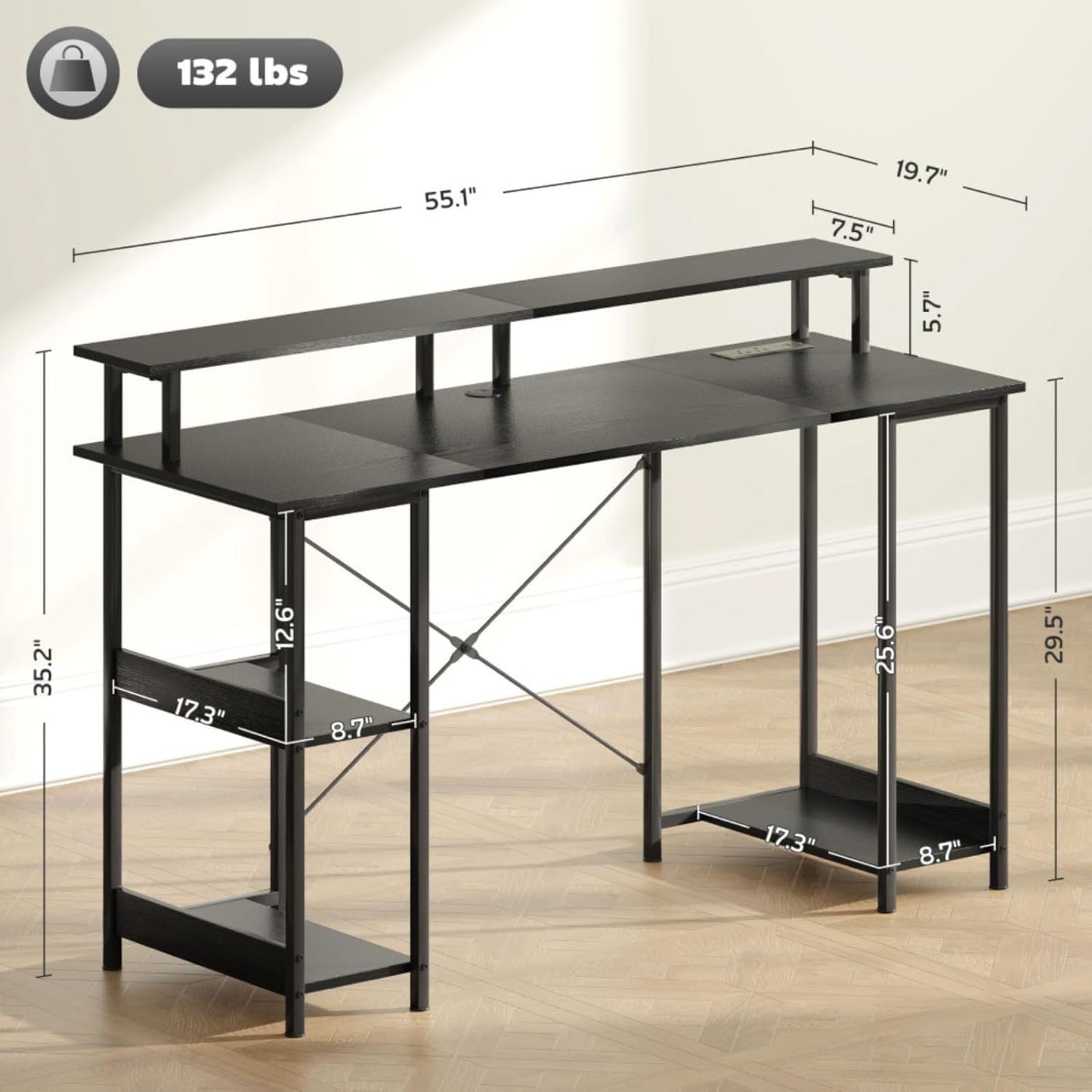 Modern PC Laptop Desk with Storage, Reversible Design Computer Gaming Table with Built-In Charging Station and Personalized Lighting, Assembly Required