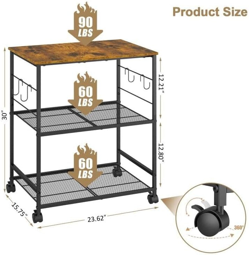 Rolling Kitchen Microwave Cart, 3 Tier Microwave Table Stand with Storage, Kitchen Utility Cart on Lockable Wheels, Small Coffee Cart Shelf Rack Organizer for Living Room Office, Balcony