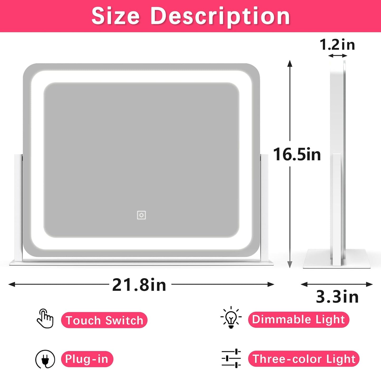 22X17 Inch Lighted Vanity Mirror with Dimmable LED Lights - 3 Color Modes, Smart Touch Control & 360° Rotating Base - Desk Makeup Mirror (White)