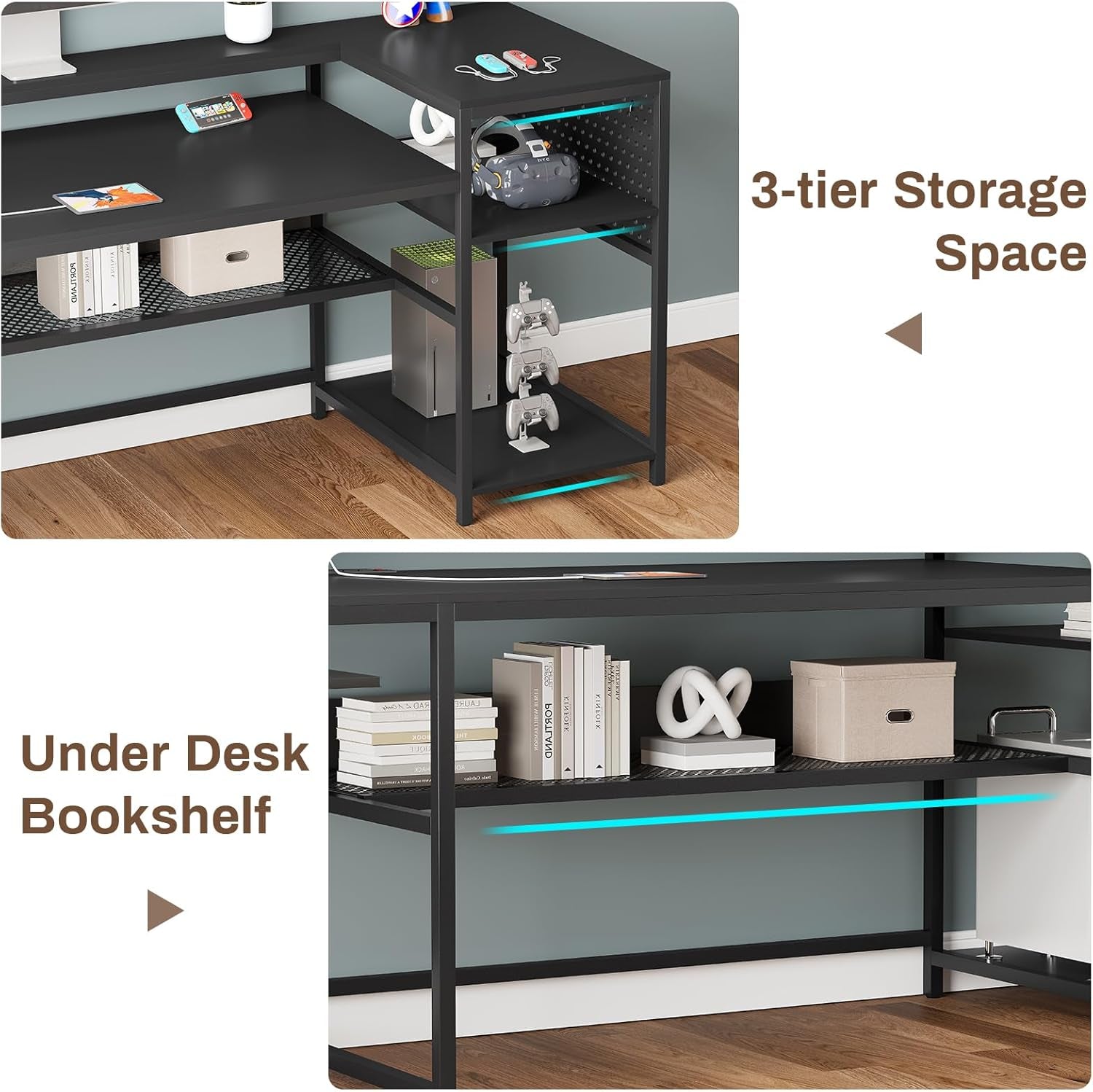 L Shaped Gaming Desk, Reversible Computer Desk, Gaming Desk with Power Outlets & LED Strip, Monitor Shelf, Keyboard Tray, Pegboard and Storage Shelves for Home Office, Black