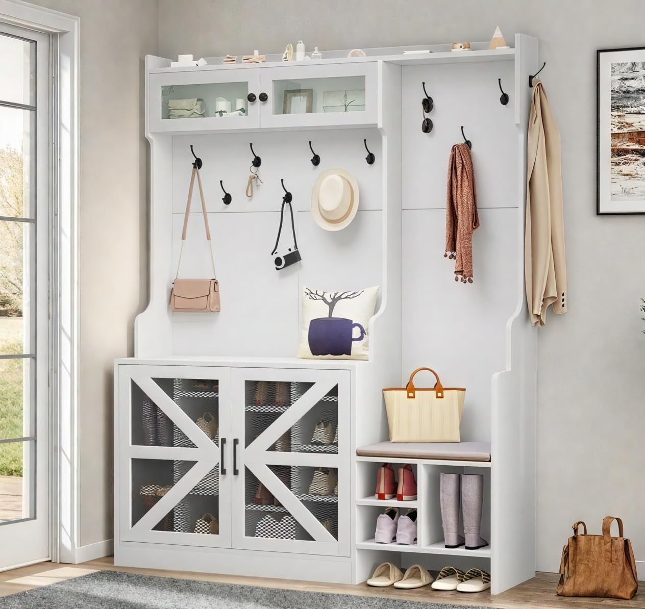 Farmhouse Hall Tree with Shoe Storage & Coat Rack Entryway Organizer with 18 Adjustable Shoe Cubbies 12 Hooks White Shoe Cabinet for Hallway