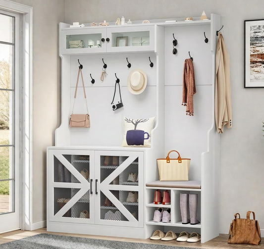 Farmhouse Hall Tree with Shoe Storage & Coat Rack Entryway Organizer with 18 Adjustable Shoe Cubbies 12 Hooks White Shoe Cabinet for Hallway