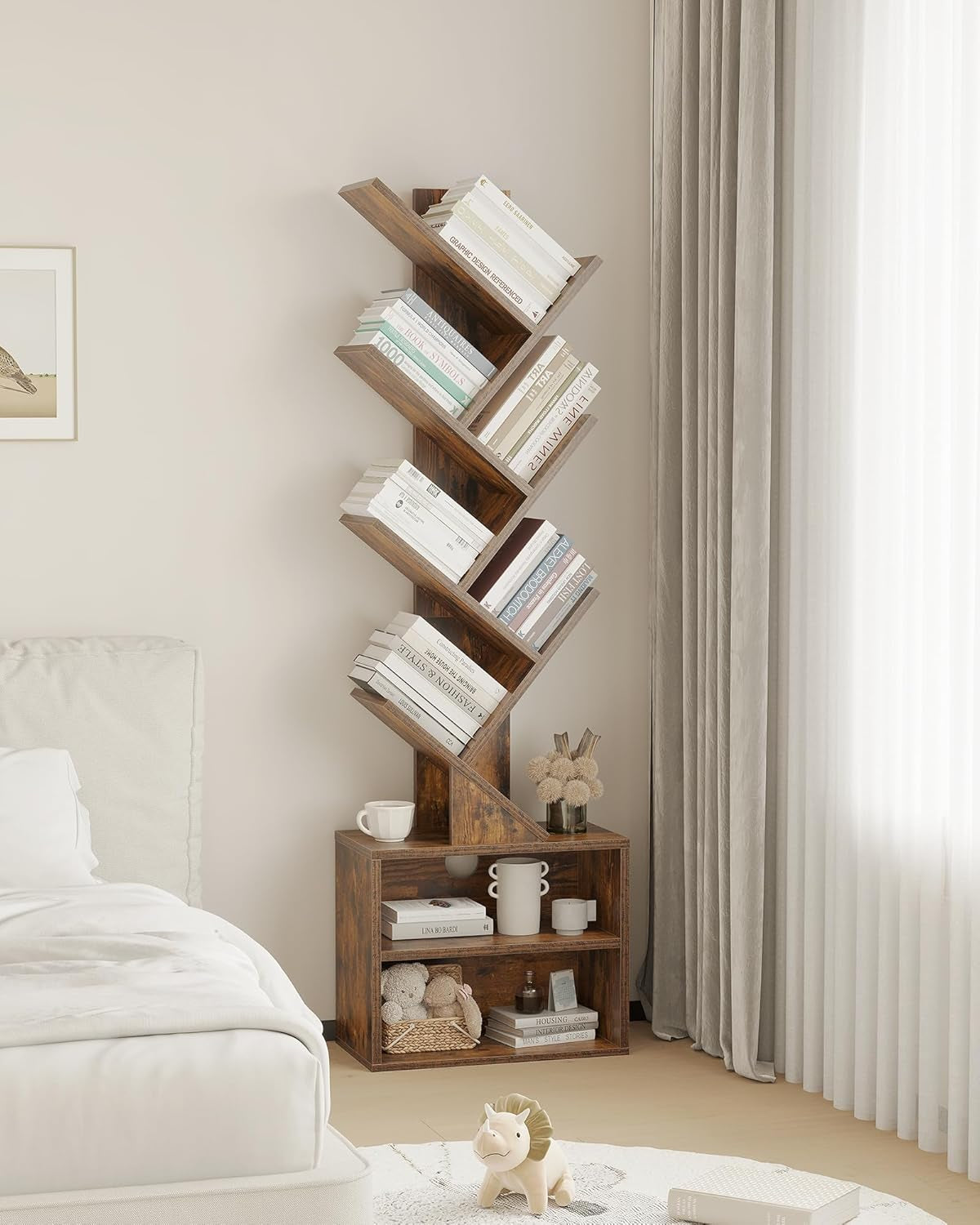 6 Tier Tree Bookshelf, Small Bookcase with Storage Cabinet, Modern Tall Narrow Bookshelves Organizer, Floor Standing Book Shelf for Bedroom/Living Room/Home Office/Corner, Rustic Brown