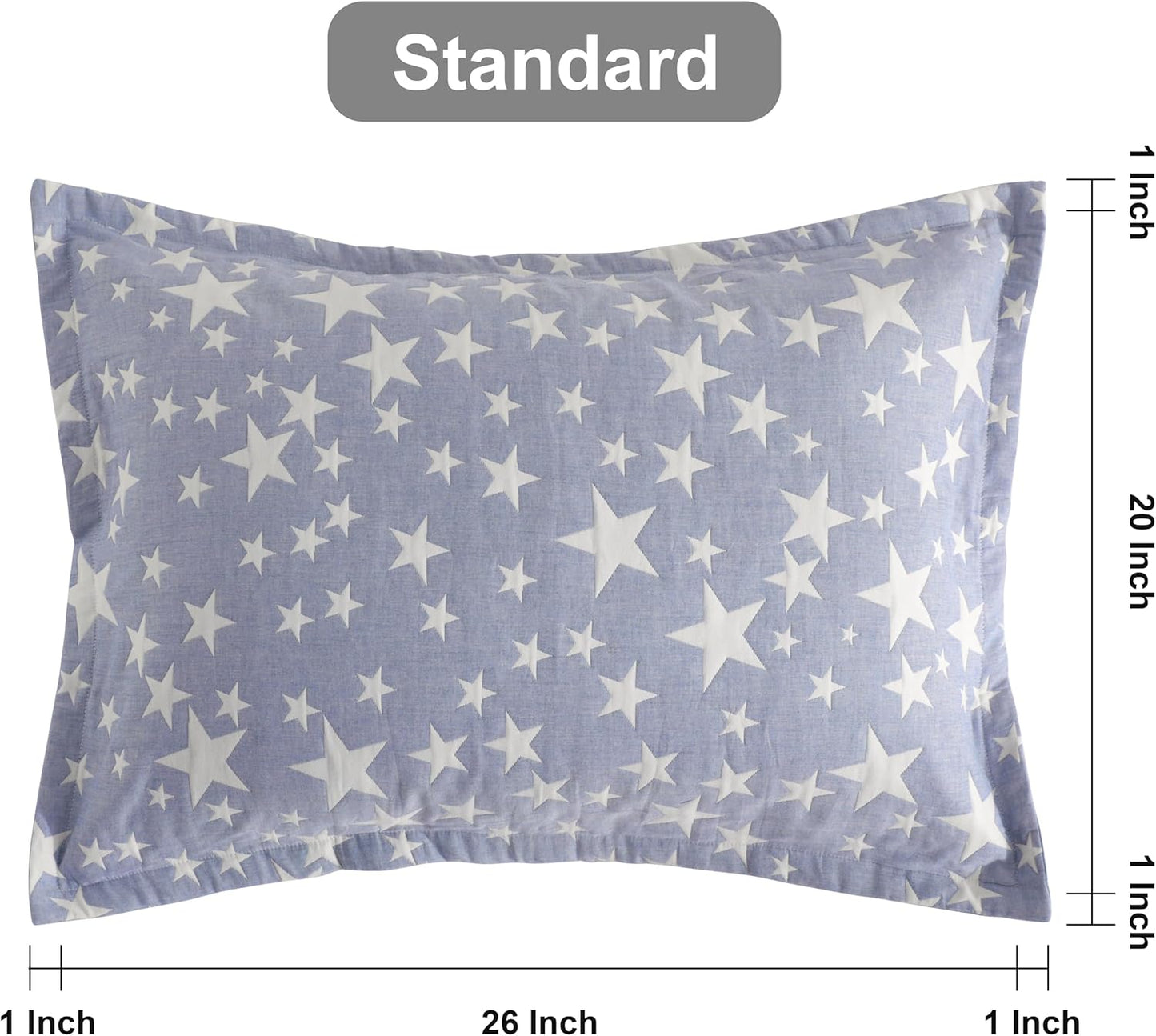 Cotton Standard Pillow Shams, 3 Layer Muslin Breathable Soft Thermal Yarn Dyed Sham Covers, 2 Pack 20X26 Oxford Pillowcases with Envelope Closure, Blue Stars